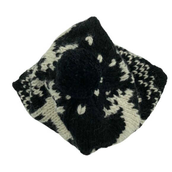 Rare Vintage 80s GAP Black & White 100% Wool Reindeer Snowflake Knit Beanie Cap - Picture 5 of 10